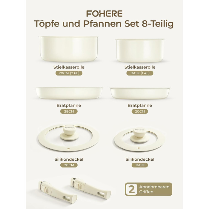 Набір посуду FOHERE 8 предметів: каструлі та сковороди з 2 знімними ручками, сковорода 20/28 см, каструлі 2.6/1.4 л, підходить для всіх плит (індукція), безпечний у духовці та посудомийній машині, бежевий