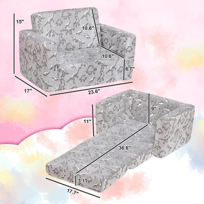 Дитяче диван-ліжко BEJOY 2 в 1 з розкладним механізмом, м'яке крісло, дитячий диван з Sherpa тканини, сірий з динозаврами, ідеальний подарунок для дівчаток та хлопчиків