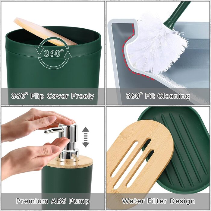 Набір аксесуарів для ванної кімнати iMucci: сміттєвий бак, щітка для унітазу, тримач для зубних щіток, диспенсер для лосьйону/мила, мильниця, стакан для зубних щіток, тримач для ватних паличок (з бамбукової обтяжки), пастельно-зелений, 9 предметів (темно-