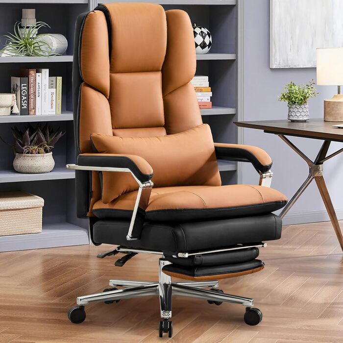 Ергономічне крісло для офісу, шкіра PU, крісло для начальника, 200 кг, з підніжкою та підтримкою попереку, для дому та офісу, регульоване, висока спинка, чорне, 1 шт.