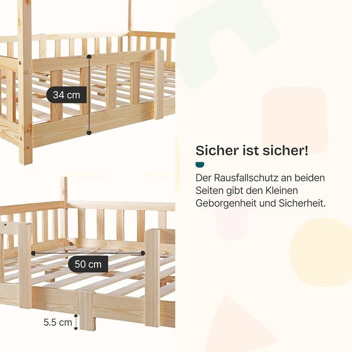 Дерев'яне ліжко-дитяче Treviolo від en.casa: ліжко-хаузмайстер з захистом від падіння, ламелі, монтессорі, для дітей, біле, з матрацом