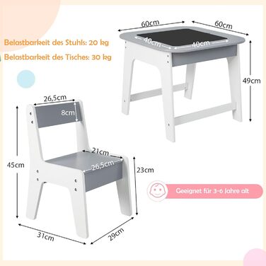 Дитячий стіл DREAMADE з 2 стільцями: комплект меблів для дитячої кімнати з двосторонньою стільницею та місцем для зберігання, 3-ох частинний набір для дітей від 3 років, підходить для дитячих кімнат та садочків (натуральний+білий) (сірий+білий)
