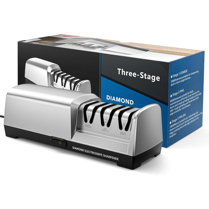 Електричний точильний верстат для ножів MusyVocay з алмазним покриттям, професійний 3-ступеневий, кухонний точило з регулюванням кута 20 градусів для грубого заточування та ремонту, срібний
