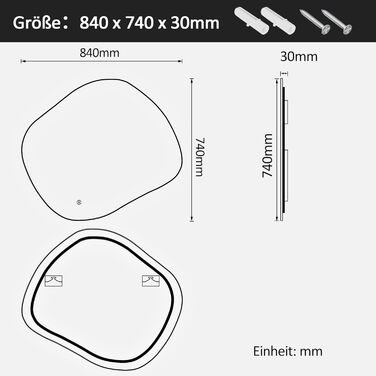 Асиметричне дзеркало для ванної кімнати Boromal з підсвічуванням 80x80 см LED, сенсорний вимикач, 3 кольори світла, регулювання яскравості
