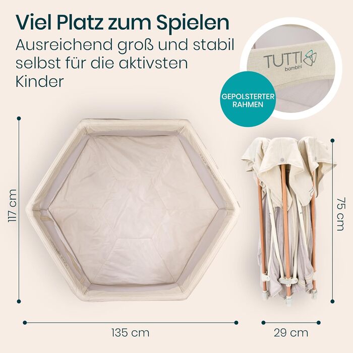 Дитячий портативний ігровий центр Tutti Bambini Laufstall - ігровий майданчик з сіткою 360°, механізмом швидкого складання, дверцятами на блискавці, килимком та сумкою для перенесення, 135 x 135 x 75 см (Бежевий)