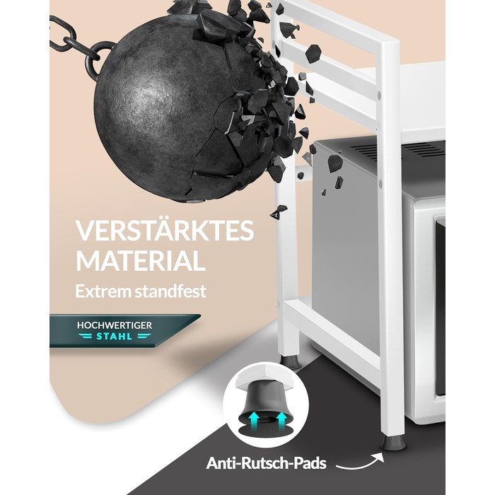 Стійка для мікрохвильової печі та кухонні полиці з нержавіючої сталі, 2-ярусна | Стійка для мікрохвильовки, полиця для зберігання, полиця для пекаря, регульована висота та довжина | З інструкцією у відеоформаті та гачками (Білий)