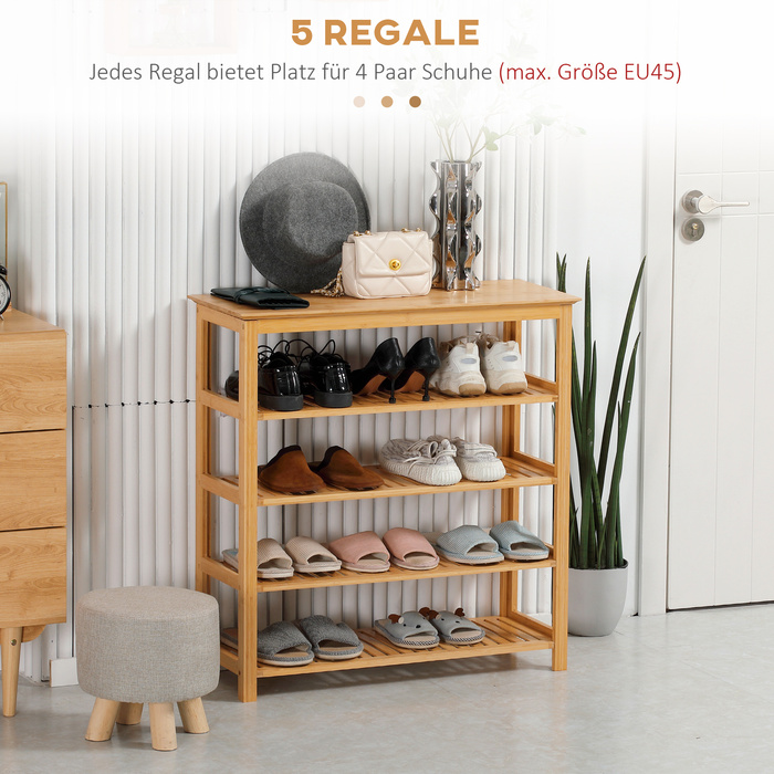 Стеллаж для взуття HOMCOM з 4 полицями, бамбук, ламелі, для розмірів взуття до EU 45, натуральний