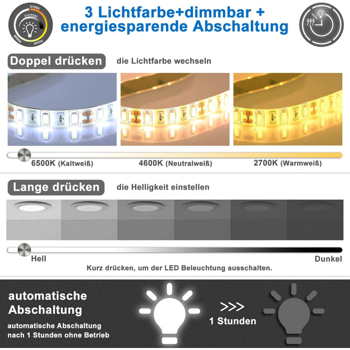 LED дзеркало для ванної кімнати Aica Sanitär, кругле, 50 см, з підсвічуванням (холодне/нейтральне/тепле світло), диммування, функція пам'яті, сенсорне управління, запобігання запотіванню, автоматичне вимкнення