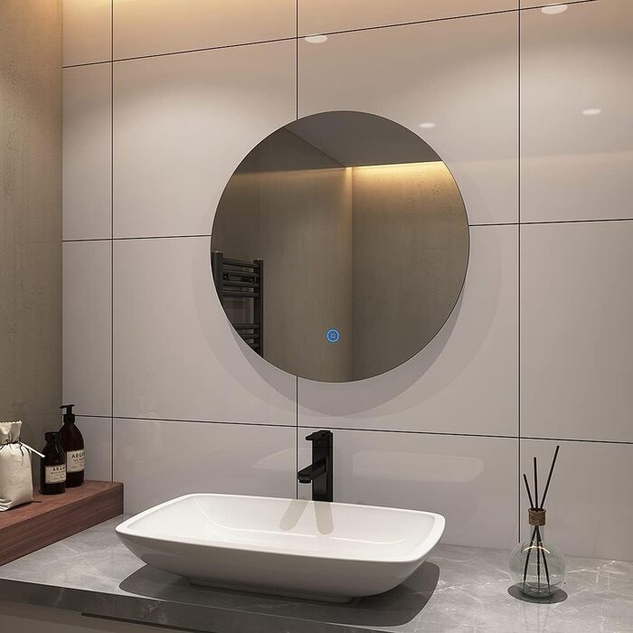 Круглий LED-дзеркало для ванної кімнати S'AFIELINA 60 см з підсвічуванням та сенсорним вимикачем, регулювання кольору світла (тепле, нейтральне, холодне), диммування