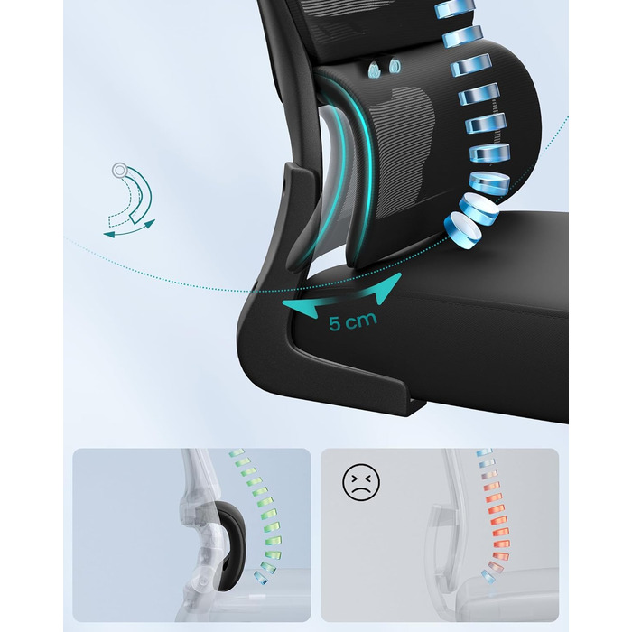 Офісне крісло SONGMICS з ергономічною підтримкою спини, сітчасте, з регульованою підголовником, для дому та офісу (чорний)