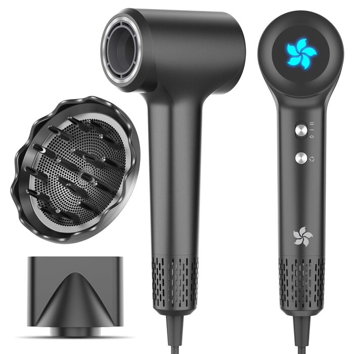 Професійний фен для волосся з дифузором, безщітковий мотор 110 000 об/хв, 400 млн плазмових іонів, низький рівень шуму 57дБ, сірий