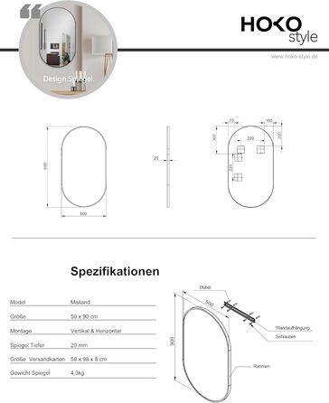 Дзеркало настінне овальне HOKO Design 45 x 75 см з металевим матовим каркасом. Можлива вертикальна та горизонтальна установка. Підходить для ванної кімнати, коридору, спальні, вітальні.