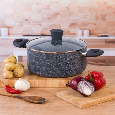 Каструля для приготування їжі Russell Hobbs RH00849EU Nightfall Stone, без бісфенолу А, приблизна ємність 4,5 л Каструля з антипригарним покриттям 24 см, маленька каструля зі скляною кришкою для виходу пари, каструлі індукційні, каструля з бакелітовою руч