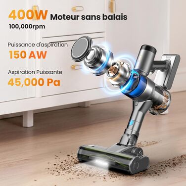 Акумуляторний пилосос Dzaki 45KPa бездротовий без мішка з дисплеєм, антинамотувальна щітка, 55 хв роботи, знімна батарея, для твердих поверхонь, шерсті тварин, килимів, авто (Золотистий сірий)