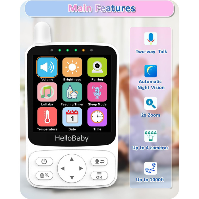 Радіоняня HelloBaby з камерою, 29 год автономії, поворотна камера 318°/120°, нічний режим, 2-сторонній зв'язок HB6240