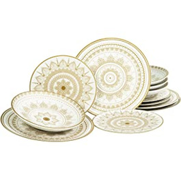 Серія МАНДАЛА золотисто-Біла, набір посуду, Набір тарілок з 12 предметів, 23607