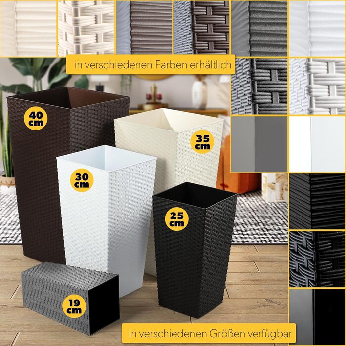 Набір з 3 горщиків для квітів KADAX, Мокко Ратан, 36/46,5/57,5 см, вологостійкий пластик