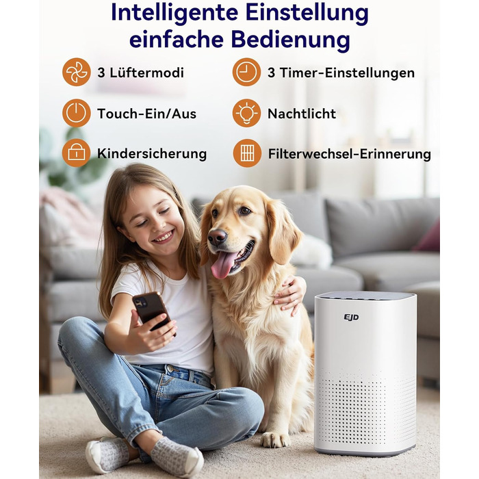 Повітряочисник для великих спалень до 70 м² з CADR 223 м³/год, тихий H13 HEPA повітряочисник з режимом сну 15 дБ, 3-в-1 фільтр видаляє 99,97% пилку, пил, шерсть тварин, запахи