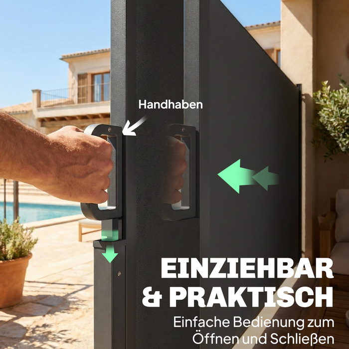 Висувна маркіза з боковими шторами, захист від сонця та вітру для тераси, водонепроникна, UV 50+, 420 x 185 см, темно-сірий колір