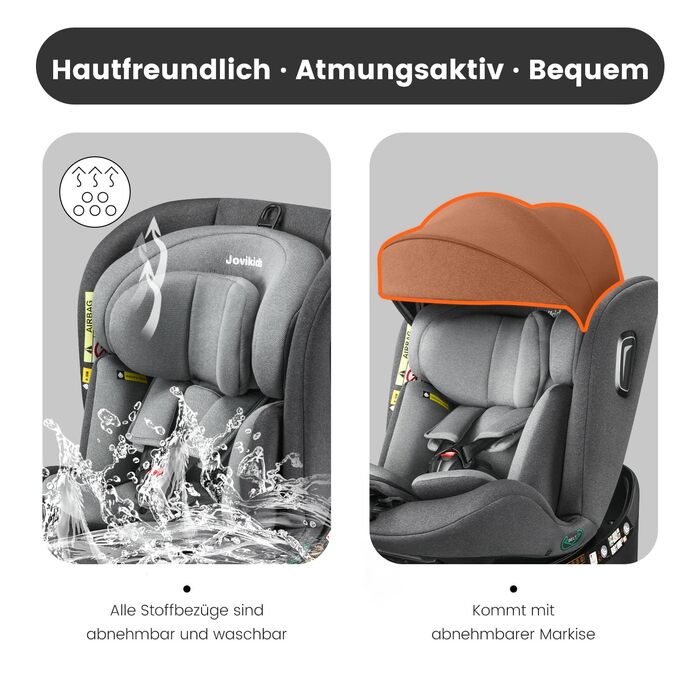 Дитяче автокрісло, що обертається на 360 Jovikids з ISOFIX, i-Size (ECE R129) Дитяче автокрісло групи 01/2/3 Автокрісло, звернене проти напрямку руху, з функцією відкидання та знімним навісом (40-150 см, 0-36 кг, 0-12 років) (чорний)