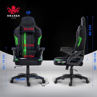 Крісло геймерське KRAKEN CHAIRS - ергономічне, тканинне, для комп'ютера, 130 кг, чорно-зелене