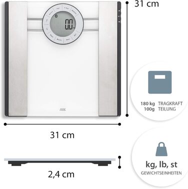 Шкала жиру в організмі ADE BA 1600, цифрова шкала для ванної кімнати, 5 виміряних значень, до 180 кг, колір.