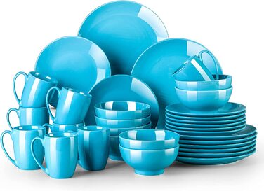 Сервіровка столових фарфор, LOVECASA SWEET 32 шт. комбінований сервіз барвистий, обідній набір посуду на 8 осіб обідні тарілки, чашки, десертні тарілки і миски (темно-синій, набір посуду з 32 предметів)