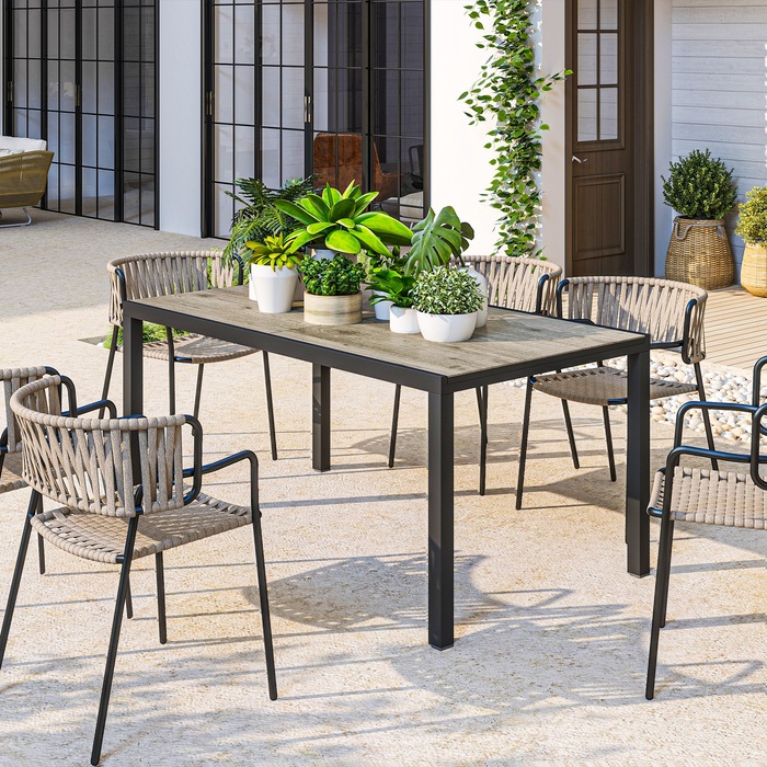 Розсувний обідній стіл Outsunny Garden Table на 6-8 персон, 160/240 x 90 см Алюмінієвий балконний стіл з дерев'яним виглядом Стійкий до погодних умов стіл для патіо Відкритий фуршетний стіл для саду, патіо Балкон сірий
