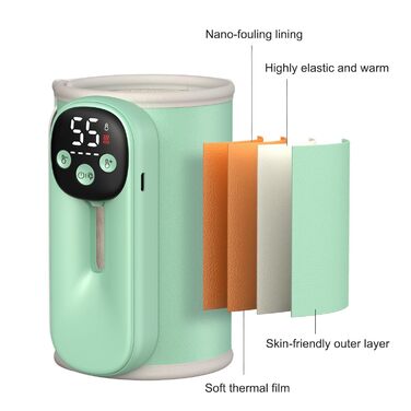Підігрівач молока бездротовий з LED дисплеєм температури, 8000mAh, для дитячих пляшок, в подорожах, 6 режимів, швидкий нагрів, USB-C зарядка, термоізоляційний чохол для материнського молока, блакитний (зелений)