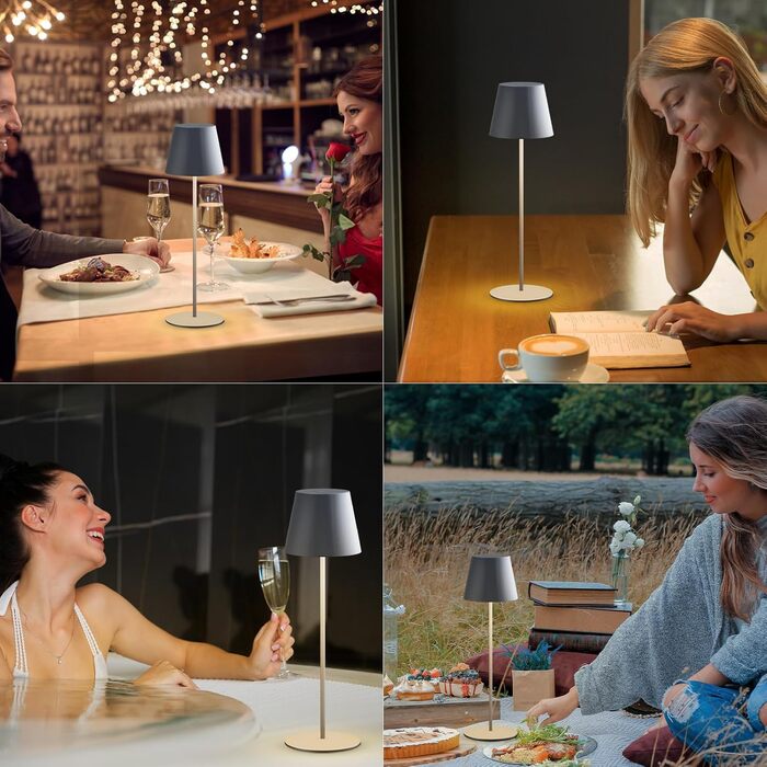 LED настільна лампа MALUX 2 шт. бездротова з сенсором, для дому та вулиці, акумуляторна, 3 режими температури кольору, регулювання яскравості, таймер, чорний/сірий