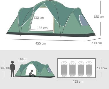 Намет Outsunny на 5-6 осіб, кемпінговий намет з кілочками, тунельний намет, купольний намет, поліестер, 4,55 х 2,3 х 1,8 м зелений