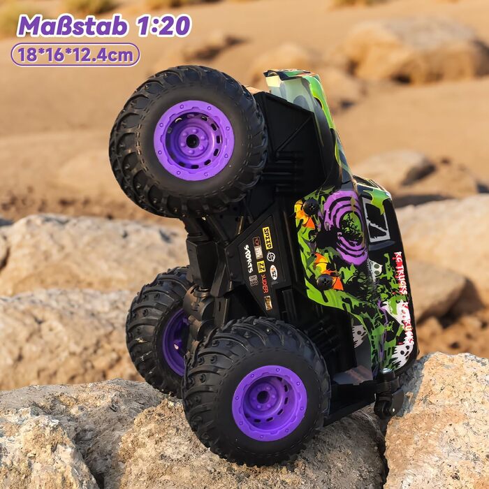 Радіокерований монстр-трак 1:20 2.4GHz, 20 км/год, зелений динозавр з підсвіткою LED та музикою для хлопчиків та дівчаток від 3 років