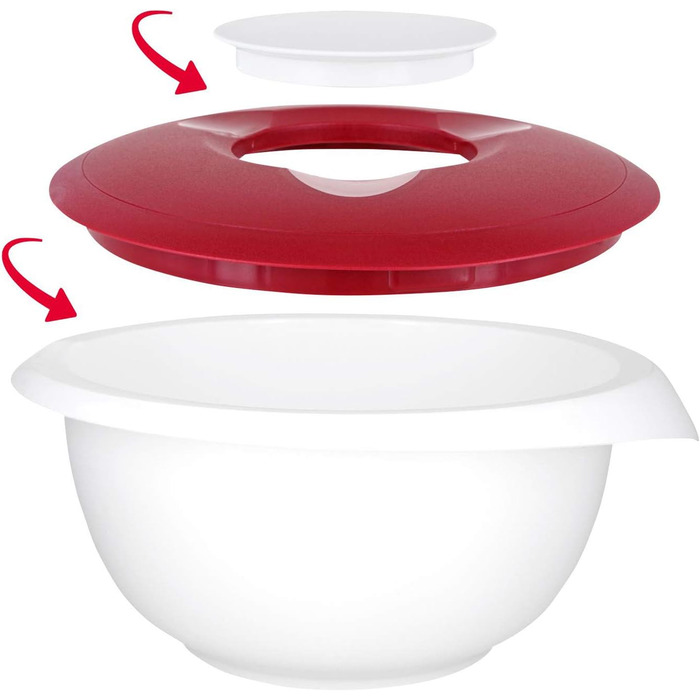 Набір для приготування та випічки Westmark Duo 4 предметів: каструля з кришкою 1 л, миска для замішування 3,5 л з кришкою, мірна склянка 1 л, лопатка для тіста, пластик/силікон, прозорий/білий/червоний/чорний