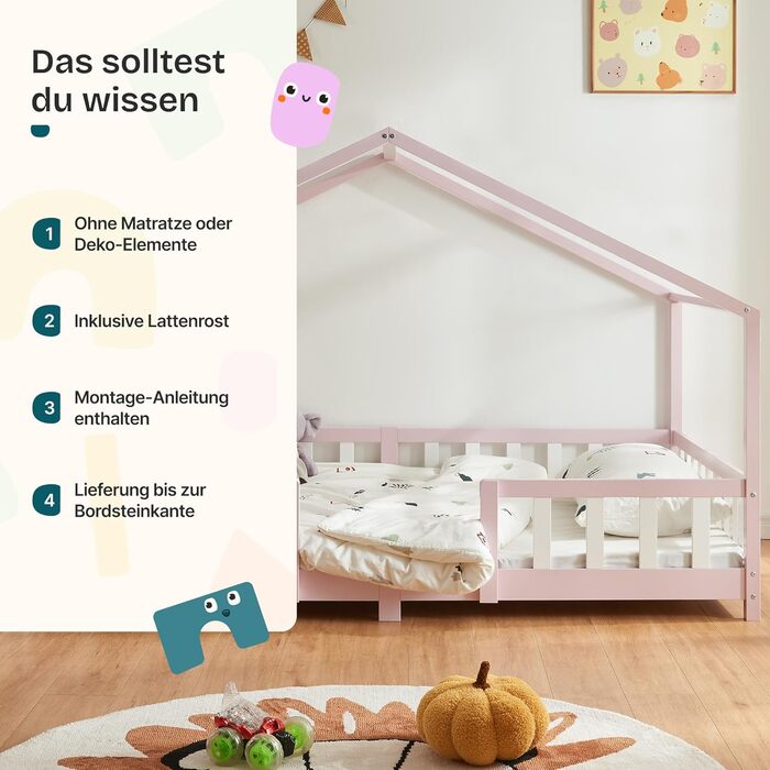 Дитяче ліжко Treviolo Hausbett від en.casa: дерев'яне ліжко Montessori з захистом від падіння, 120x200 см