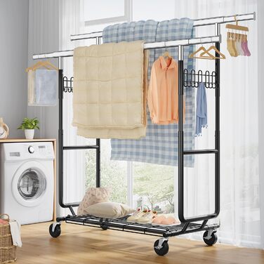 Стійка для одягу на колесах FAVOOOSTY, металева, мобільна, до 200 кг, чорна, 2 стійки