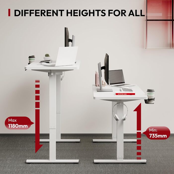 Регульований стіл Sanodesk 110x54 см – компактний стоячий стіл з аксесуарами, для маленьких приміщень, з антиколізійним захистом (білий)