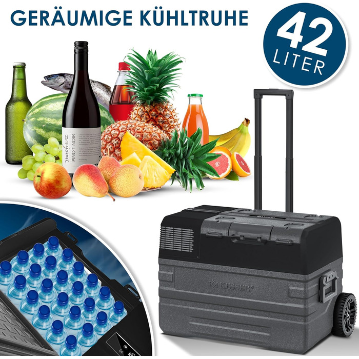 Автомобільний компресорний холодильник KESSER 42L з Wi-Fi, 12/24/230V. Морозильна камера до -20°C, колеса, телескопічна ручка для кемпінгу, фургону, вантажівки + 2 акумулятори холоду