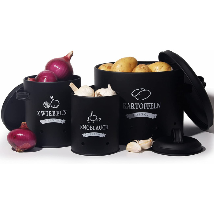 Набір контейнерів для зберігання картоплі Theo&Cleo, ретро дизайн, металевий, для кухні, чорний