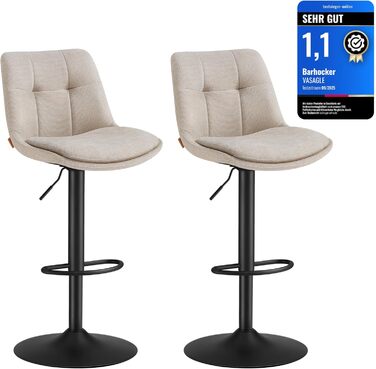 Барні стільці VASAGLE 2 шт., регульовані по висоті, обертаються, зі спинкою та підніжкою, для кухні, їдальні, бару, сталеві, LJB195G02 (кремово-білий, фланель)