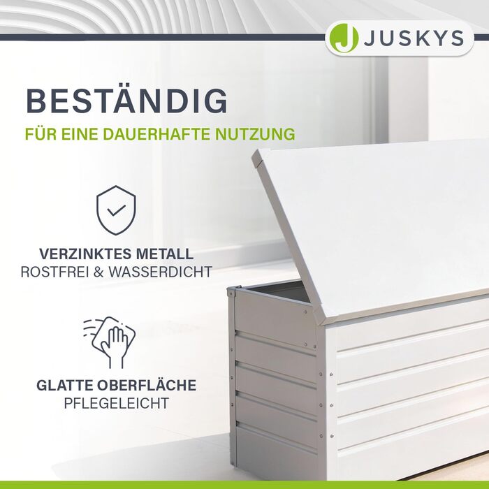 Ящик для зберігання вуличний Juskys Metall Limani 380л - водонепроникний, з замком - для саду, подушок, меблів (білий)