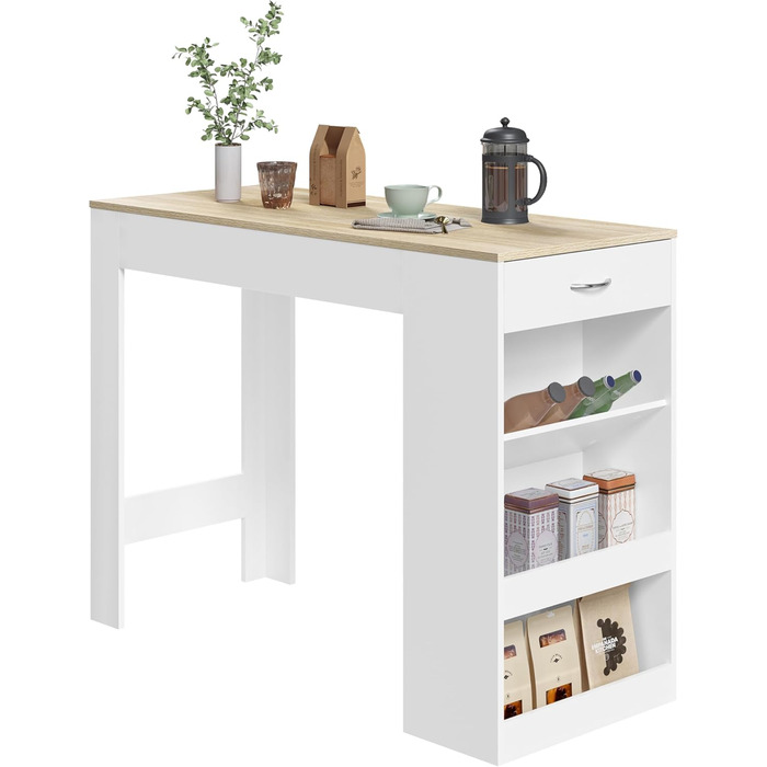 Стіл-бар WOLTU з шухлядою та полицями, вітрина для вина, кухонний стіл для бару, кухні, вітальні, їдальні (90 x 50 x 120 см, білий + світлий дуб)