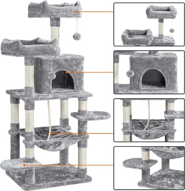 Кігтеточка Yaheetech Cat Tree 150 см з 2 приємними оглядовими майданчиками Sisal Cat Furniture Дерево для скелелазіння для великих кішок, світло-сіре 60,5 см x 50,5 см x 146,5 см (ДхШхВ) Світло-сірий