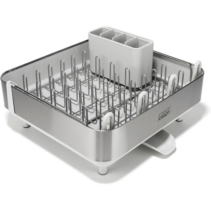 Сушарка для посуду Joseph Joseph Extend з нержавіючої сталі, висувна, компактна, з підставкою для столових приборів та поворотним зливом (Plus, Light Stone)