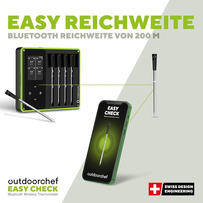 Термометр для гриля Outdoorchef Easy Check Quadro з Bluetooth, 4 датчики, 200м, для миття в посудомийній машині, з магнітною док-станцією
