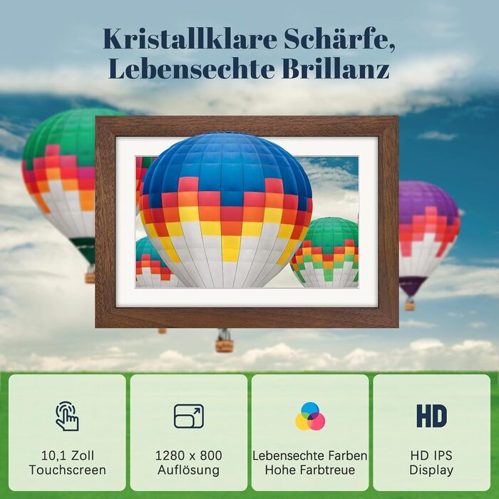 Цифровий фоторамка Frameo 10.1 дюйма з Wi-Fi, горіхове дерево, 32GB, IPS Touchscreen, Wi-Fi, фото/відео через додаток Frameo, подарунок для чоловіків та жінок