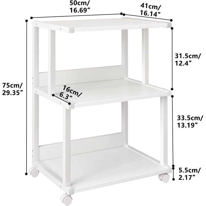 Стійка для принтера IBUYKE з полицею, 3-рівнева, на колесах, для офісу та дому, мобільна, для термопреса, мікрохвильової печі та міні-холодильника TPS001H (Weiß)
