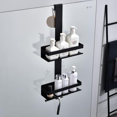 Настінна полиця для душу з 2 ящиками, SUS304 нержавіюча сталь, матовий чорний, з гачками, для скляних душових кабін