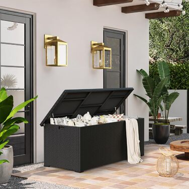 Скриня для подушок садових Polyrattan Amopatio 650л, водонепроникна, з газліфтом, чорна. Ящик для зберігання для саду та балкону