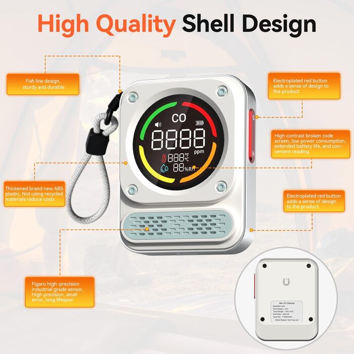 Портативний детектор чадного газу 3-в-1 з перезаряджаємою батареєю, сенсор на 10 років, 200 годин роботи для подорожей, кемпінгу, намету, автодому, дому, кухні