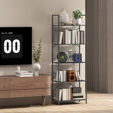 Стелаж HOMCOM з 5 полицями, підлоговий, в індустріальному стилі з металевим каркасом, відкритий для зберігання в вітальні, офісі, кабінеті, 60x30x170,5 см, чорний